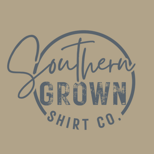 Southern Grown Shirt Company logo in denim on Comfort Colors Khaki
