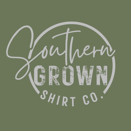 Light gray Southern Grown Shirt Company logo on military green