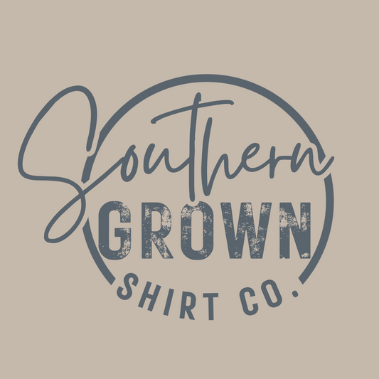 Southern Grown Shirt Co Blue Logo on Sand