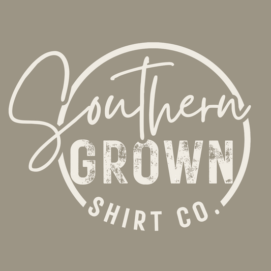 Southern Grown Shirt Co logo on a sandstone shirt