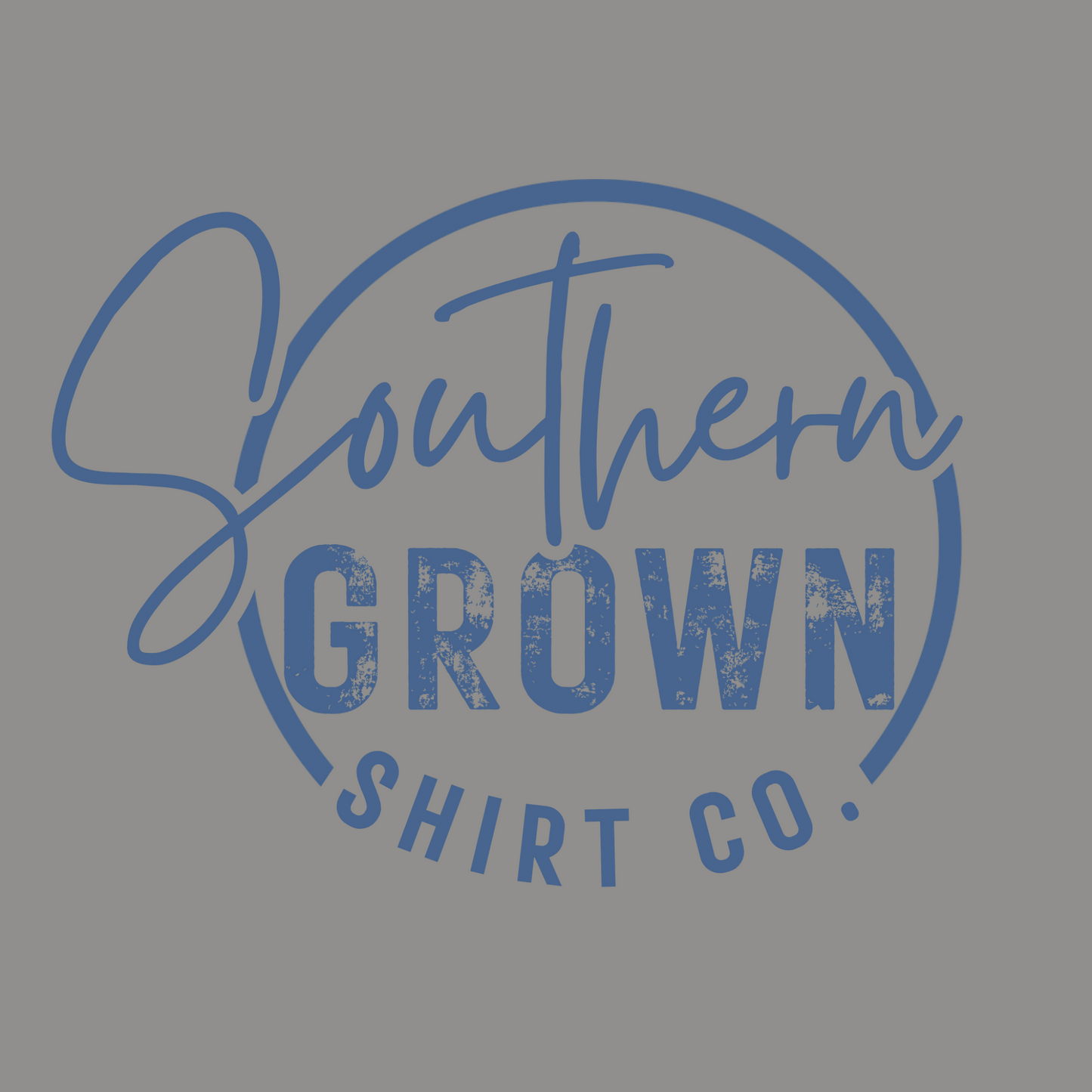 Southern Grown Shirt Company logo in dark blue on Comfort Colors Gray