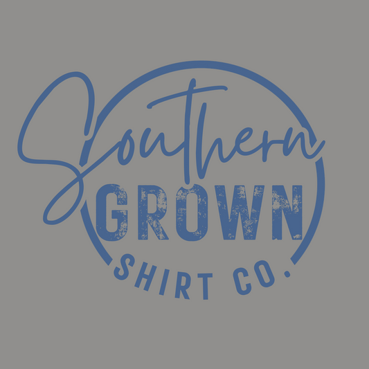 Southern Grown Shirt Company logo in dark blue on Comfort Colors Gray