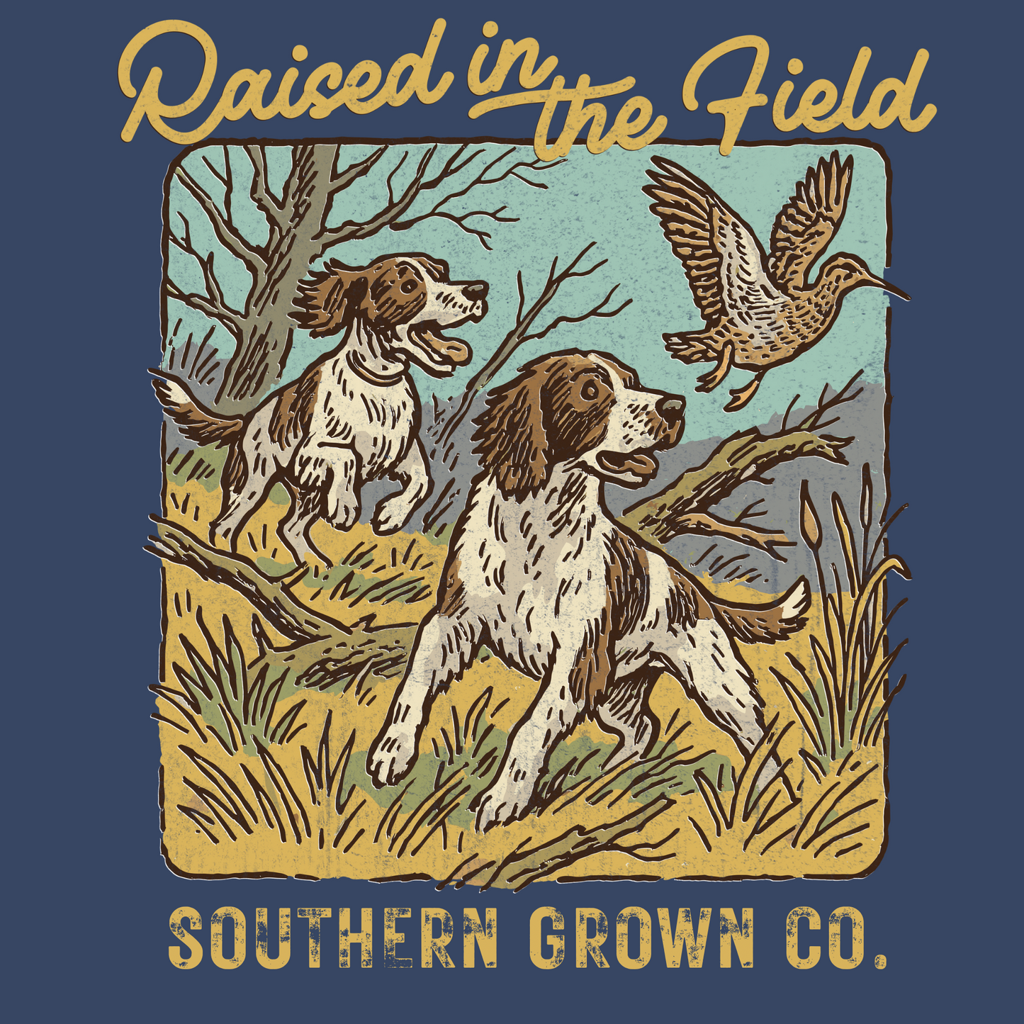 Adult Raised in the Field Tee in midnight navy full back design