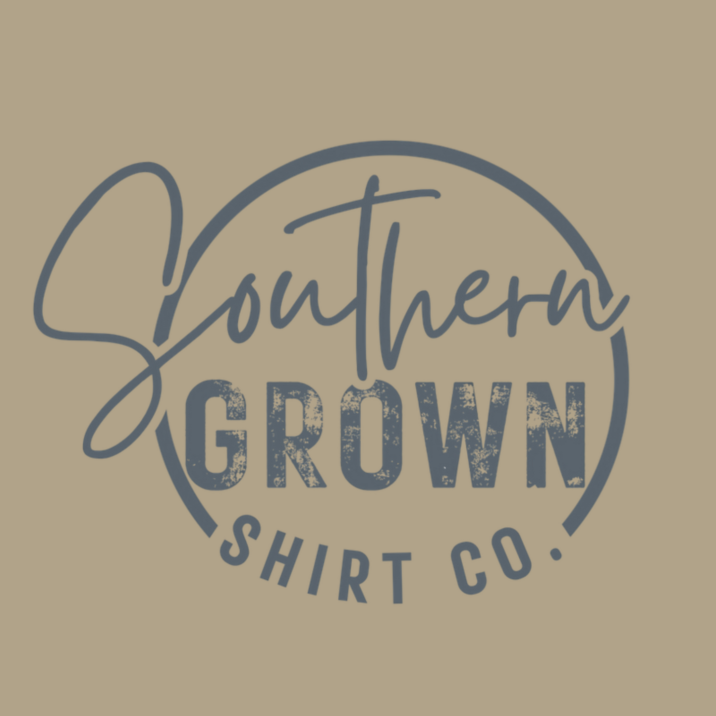Southern Grown Shirt Company logo in denim on Comfort Colors Khaki
