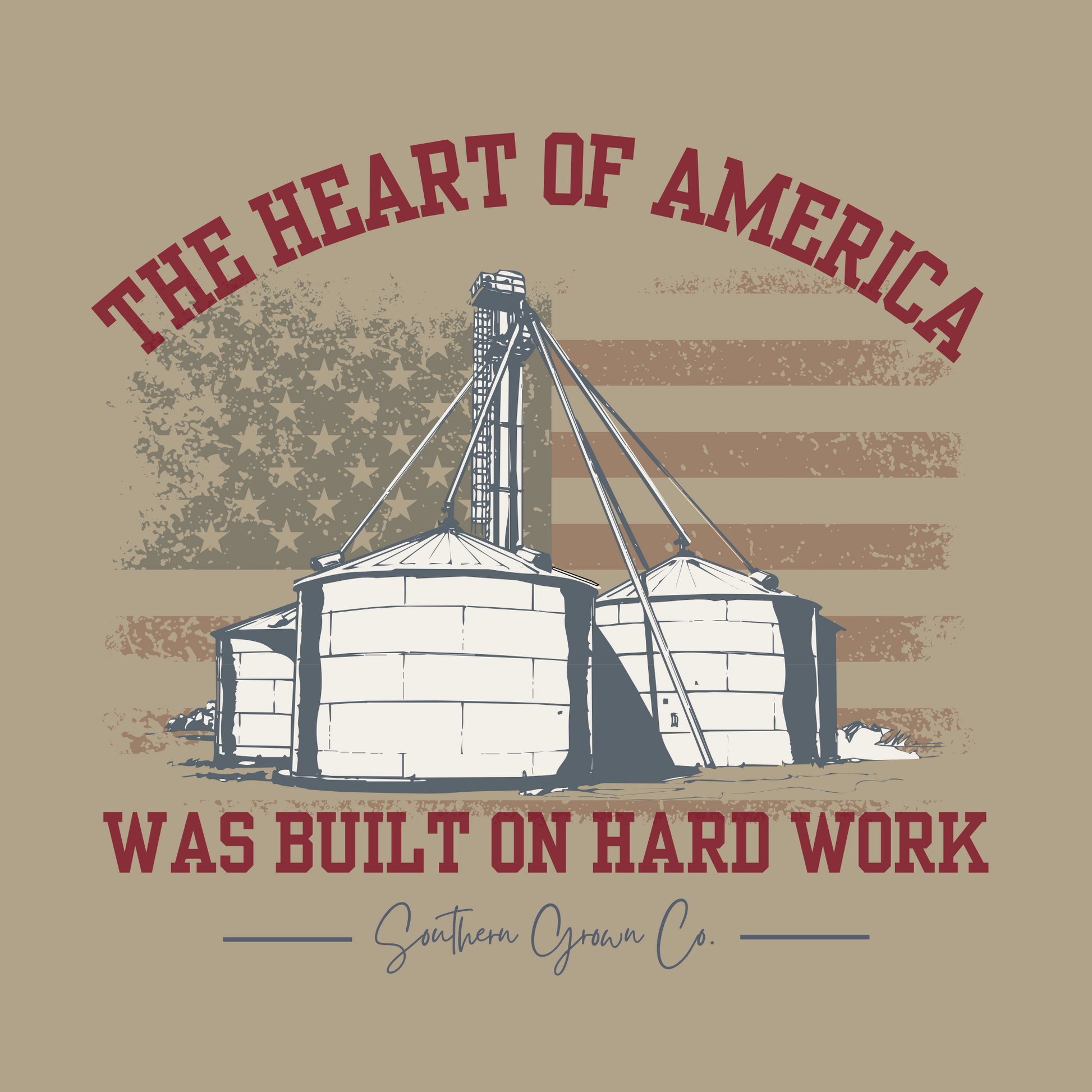 Built on Hard Work Tee full back design featuring a grain elevator and American flag