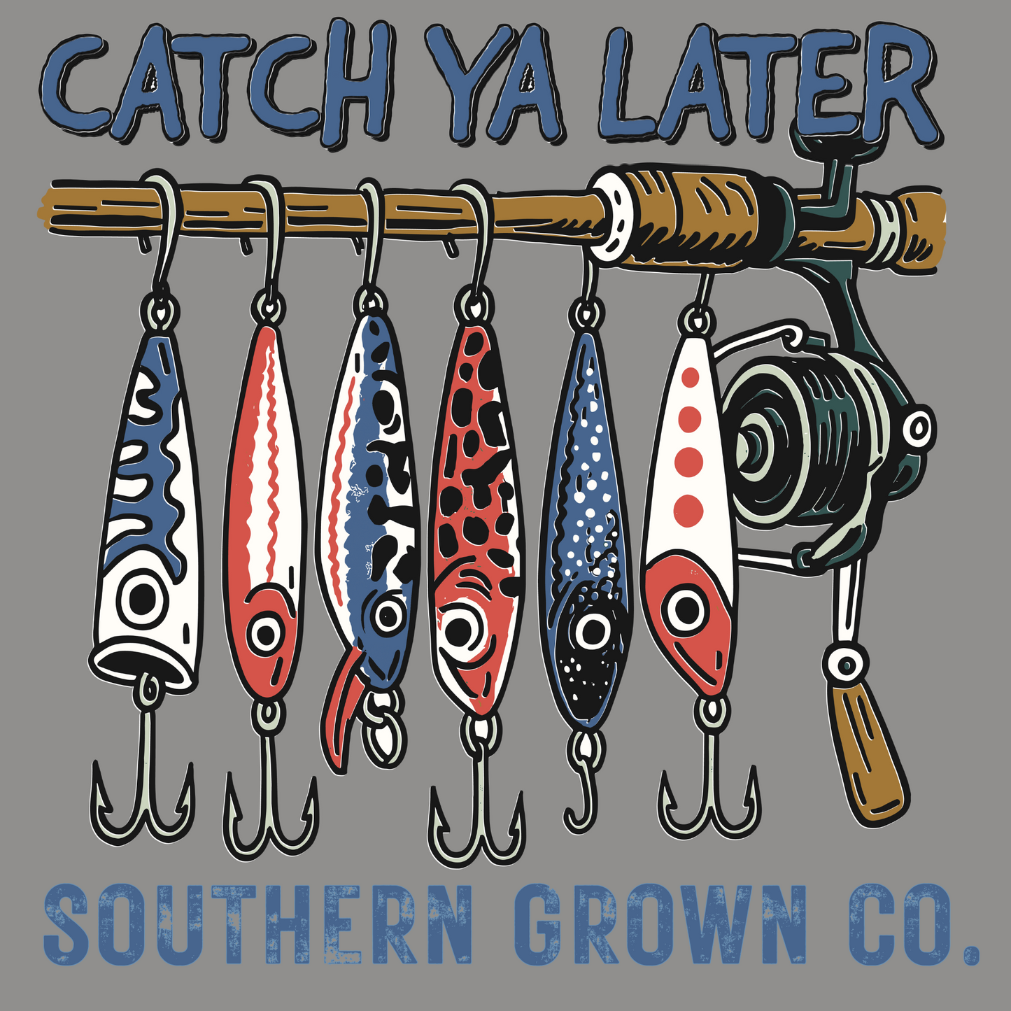 Catch Ya Later full back design on Comfort Colors Gray featuring fishing lures hanging on a fishing rod