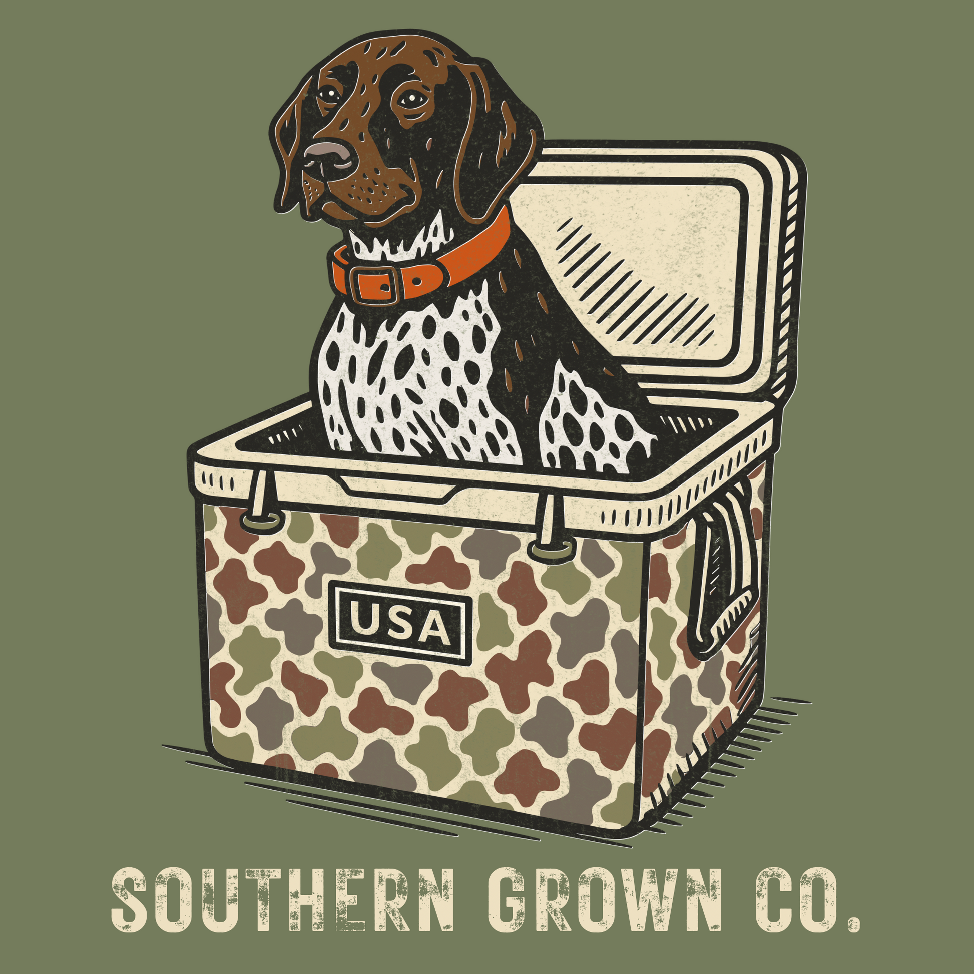 Cooler Dog full back design featuring a bird dog in a vintage camo cooler