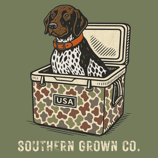 Cooler Dog full back design featuring a bird dog in a vintage camo cooler