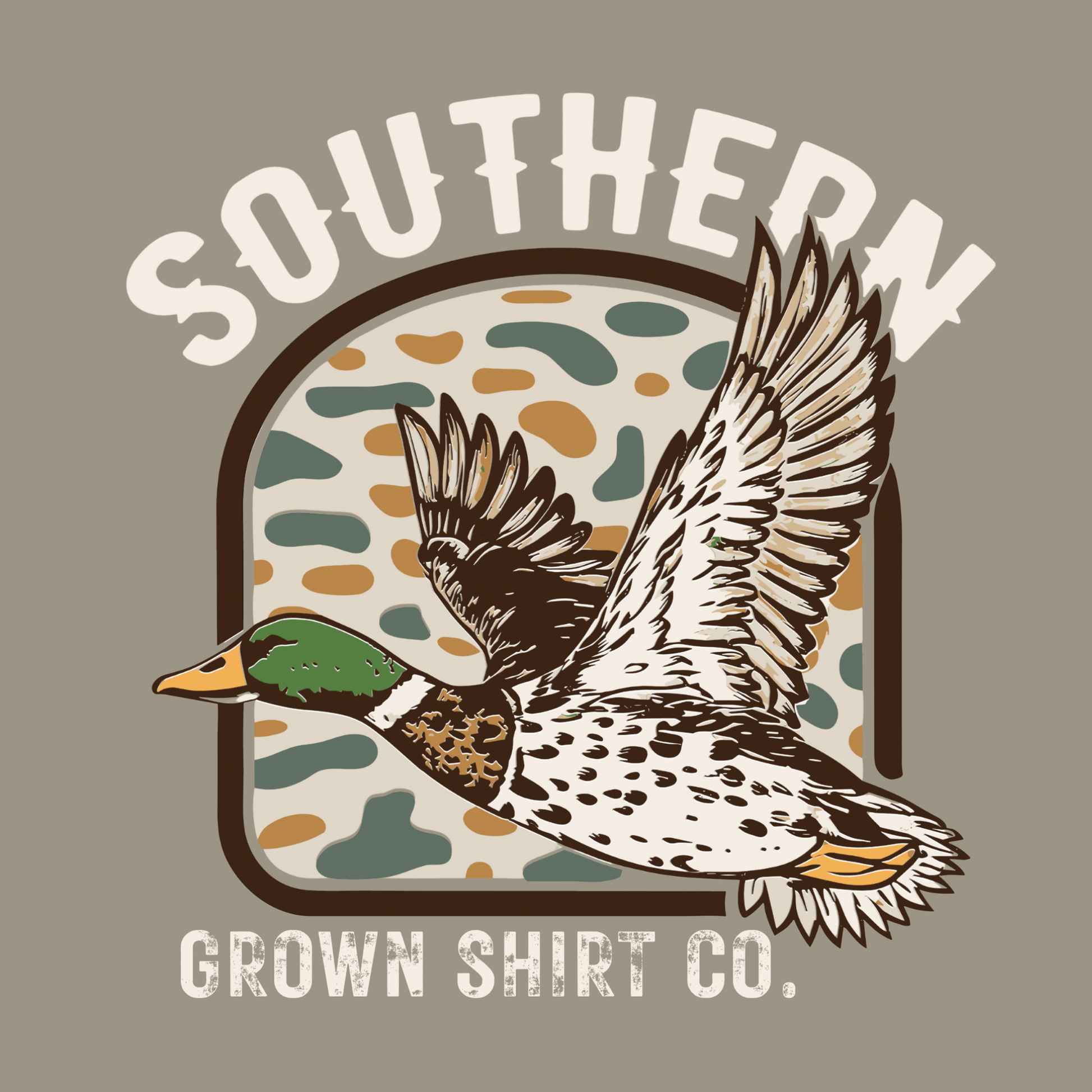 Flying West Tee on Sandstone featuring a duck in flight on a vintage camo background