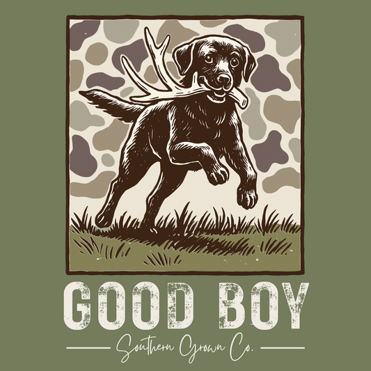 Good Boy tee back design featuring a lab puppy carrying an antler on vintage camo