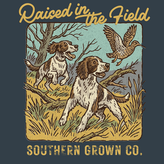 Kids Raised in the Field Tee in Heathered Navy full back design