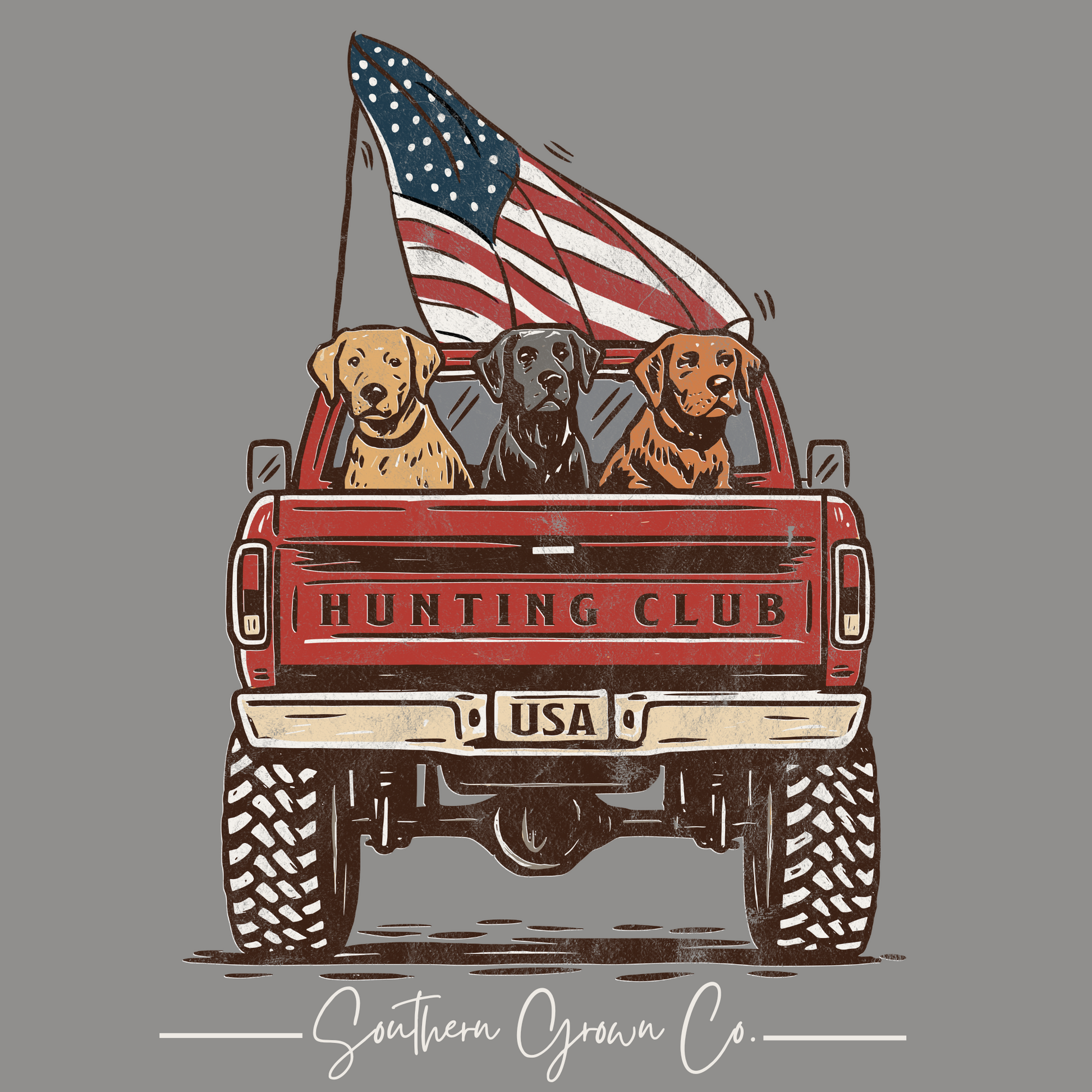 Hunting Club full back design Featuring Labrador retrievers in a pickup truck bed with an American flag