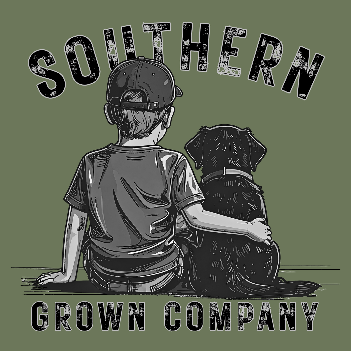 Kids Best Friends tee on military green featuring a boy with a Labrador retriever
