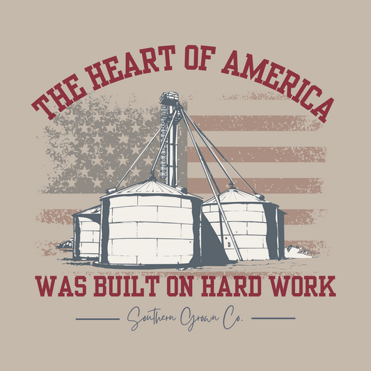 Kids Built on Hard Work Tee full back design featuring a grain elevator and American flag