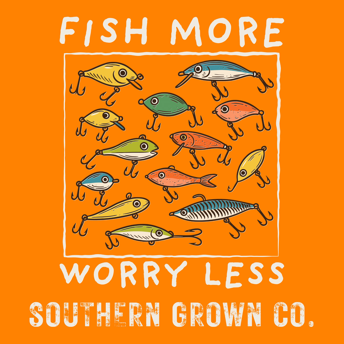 Kids Fish More Worry Less full back design in Tennessee Orange