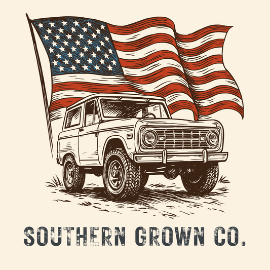 Kids Flying Ole Glory full back design featuring a vintage bronco with an American flag waving in the background