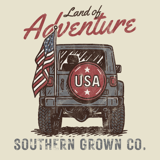 Kids Land of Adventure Full Back Design featuring a Jeep and an American flag