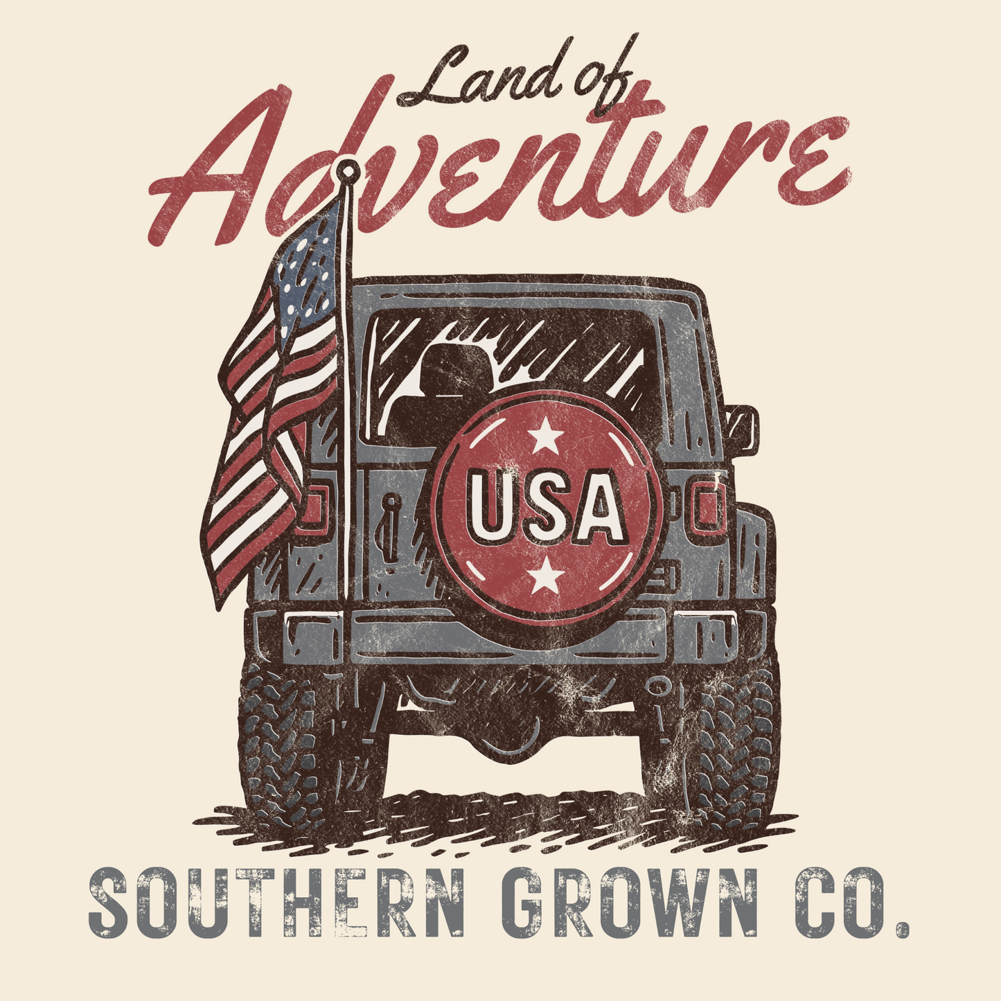 Land of Adventure full back t-shirt design featuring a jeep and American flag