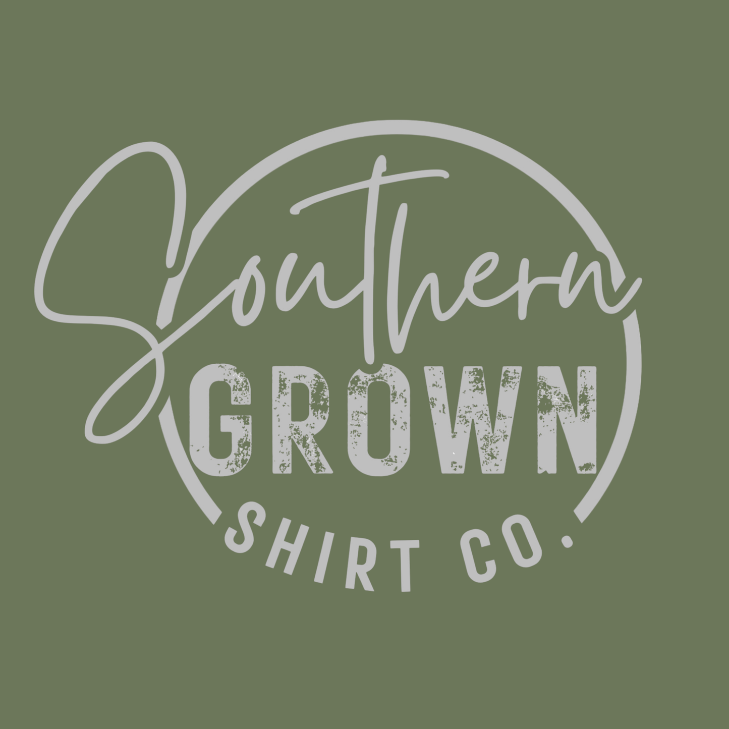 Light gray Southern Grown Shirt Company logo on military green