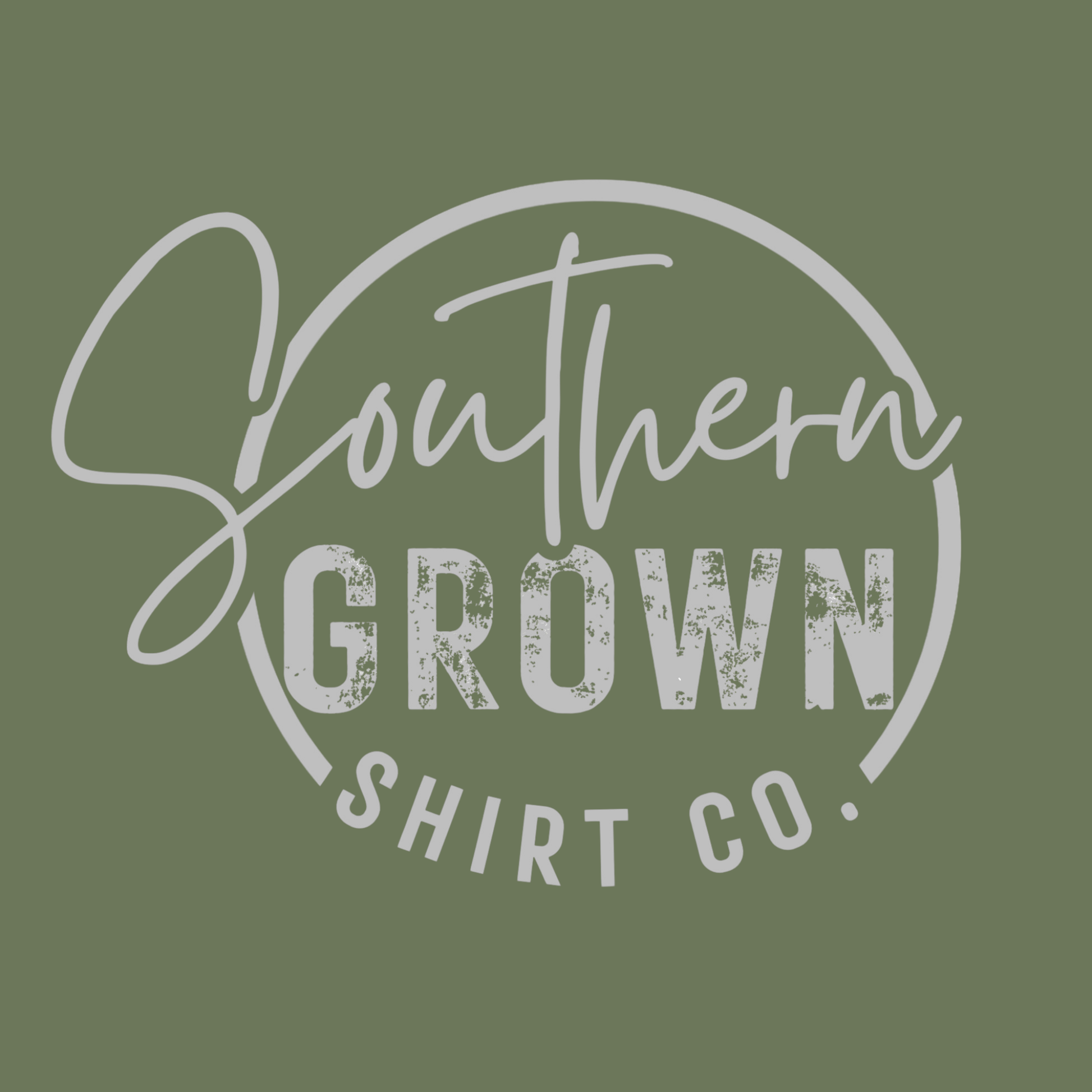 Light gray Southern Grown Shirt Company logo on military green