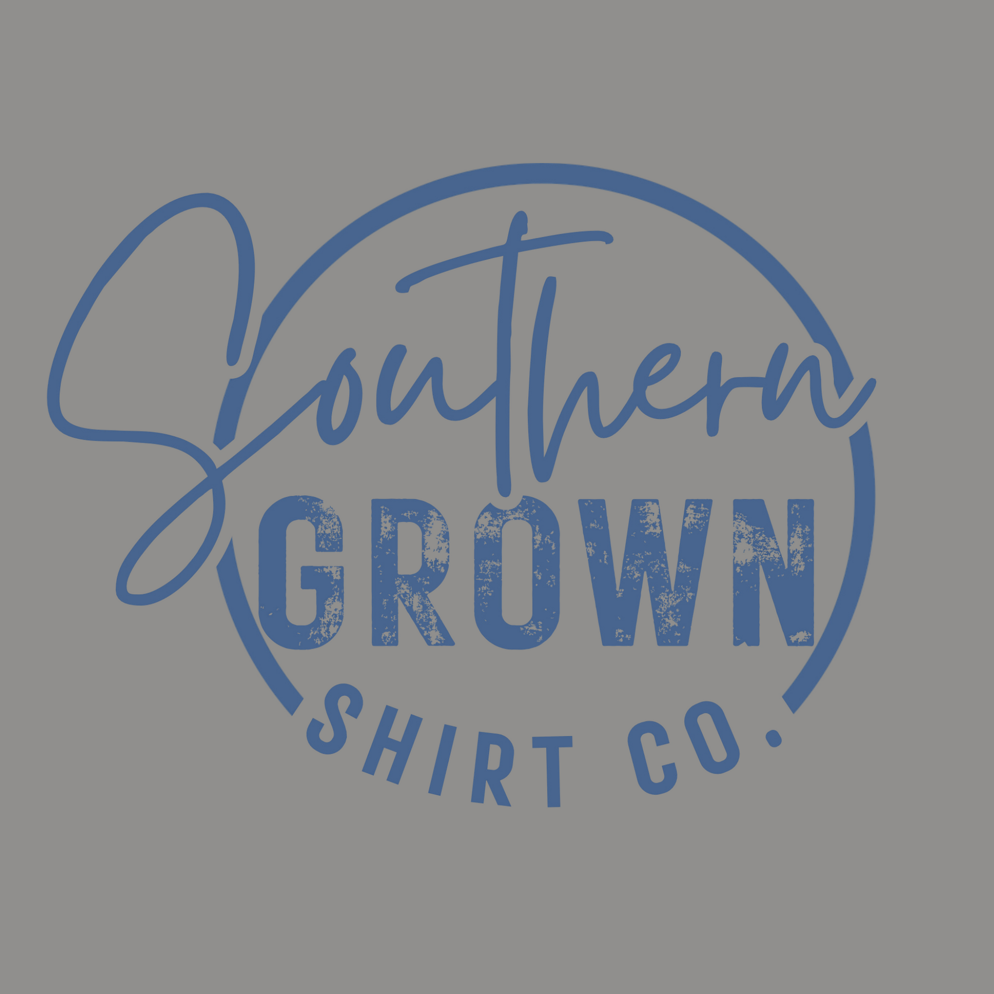 Southern Grown Shirt Company logo in dark blue on Comfort Colors Gray