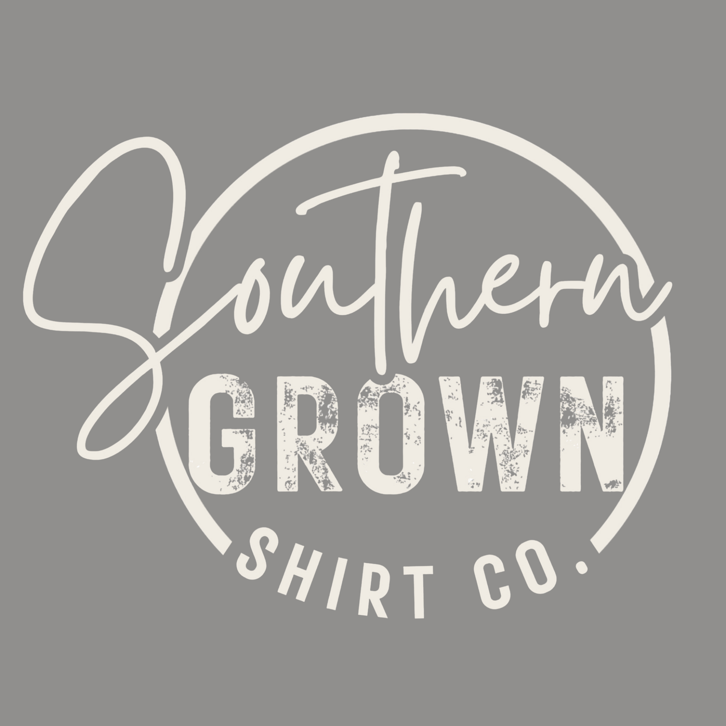 Southern Grown Shirt Company logo in off white on comfort colors granite