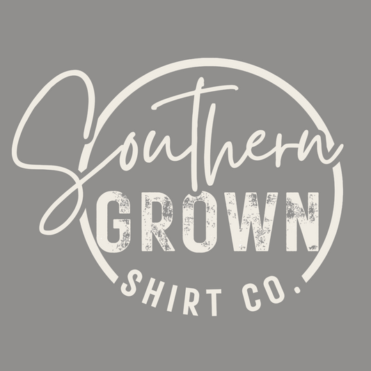 Southern Grown Shirt Company logo in off white on comfort colors granite