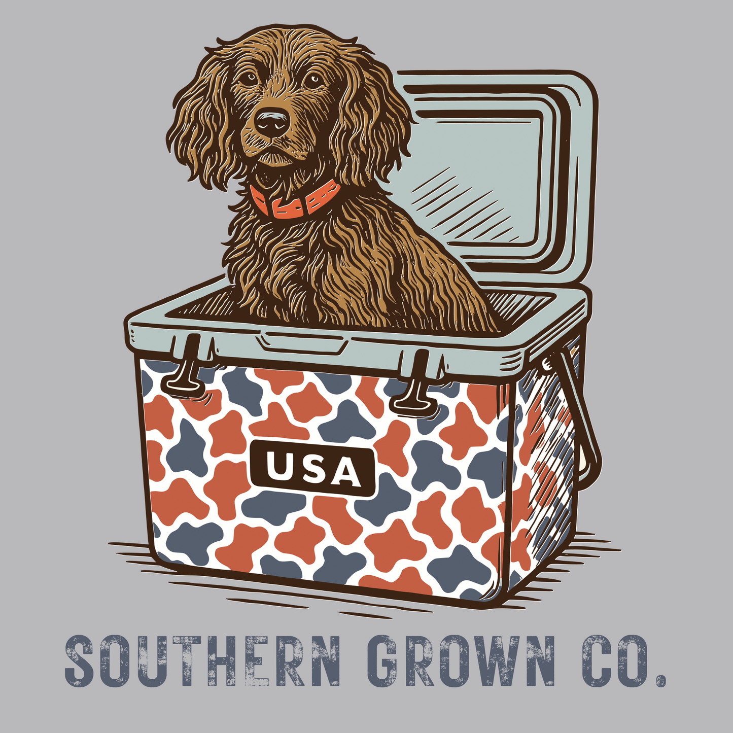 patriotic cooler dog full back design featuring a Boykin spaniel in a patriotic vintage camo cooler